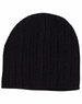 A black cable knit beanie featuring a fleece headband, showing a textured design and a snug fit.