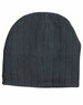 A dark grey cable knit beanie featuring a fleece headband, showcasing a textured ribbed design and a logo.