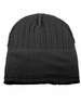 A cream cable knit beanie featuring a fleece headband, with a textured design and a logo.
