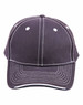 A dark grey cap with contrast stitching, featuring a curved brim and an adjustable strap. It has a logo.