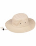 A beige bucket hat with eyelet vents and a pull cord for an adjustable fit. It features a logo on the side.