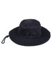 A navy blue bucket hat featuring ventilation eyelets and a drawstring. It has a logo on the side.