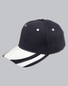 A black structured cap with a white and black striped peak and a logo.