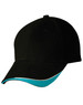 A black cap with a turquoise peak and piping, featuring a logo on the front.