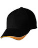 A black cap with a yellow accent on the brim and a logo on the front.