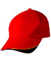 A red cap with a curved brim and a black underside, featuring a logo on the front.