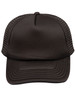 A black trucker cap with a structured front and mesh sides, featuring a logo on the front.