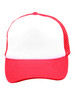 A red and white Contrast Trucker Cap with a solid front and mesh back, featuring a logo on the front.