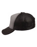 A black and grey trucker cap with a mesh back and a curved brim. Features a logo on the side.