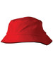 A red bucket hat with a mesh texture and sandwich trim, featuring a branding logo.