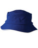 A blue bucket hat with a textured finish and sandwich trim, featuring a logo on the side.