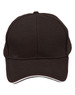 A black cap with a contrast sandwich trim and ventilation holes. It has a logo on the front.