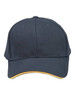 A dark grey cap with a contrasting yellow sandwich peak and eyelets, featuring a branding logo.