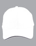 A white cap with a contrast sandwich brim and a logo. Features a mesh texture for breathability.