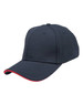 A navy blue cap with a contrasting red brim and a logo on the front.