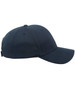 A navy structured cap with a mesh design and a logo on the side.