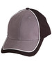 A two-tone cap featuring grey and black panels with contrasting stitching and a logo.