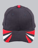 A tri-colour cap with a black base and red, white, and blue design elements, featuring a logo on the front.