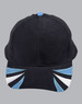 A tri-colour cap featuring black, white, and blue design elements, with an attached logo.