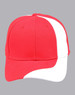 A red baseball cap with a white stripe, featuring a logo on the front.