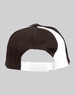A black baseball cap with a white stripe and an adjustable strap at the back. It has a logo on the side.