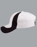 A baseball cap with a white crown and black peak, featuring a side stripe and a logo.