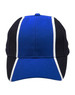 A tri-colour baseball cap featuring blue and black panels with white detailing. It includes a logo on the front.