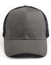 A premium cotton twill trucker cap in grey with a black mesh rear and a logo on the front.
