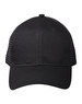 A black premium cotton twill trucker cap with mesh sides and a branded logo.