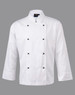 A white long sleeve chef's jacket featuring a double-breasted design and black buttons. It has a logo on the collar.