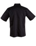 A black short-sleeve chef's jacket with a collar and a logo on the sleeve.