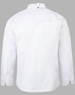 A white men's chef jacket featuring long sleeves and a back yoke design, with a logo on the sleeve.