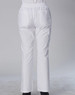 White chef pants with a relaxed fit, featuring pockets and an elastic waistband. Suitable for kitchen wear.