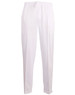 White men's cricket pants with an elastic waistband and a logo on the front.