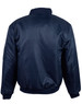 A navy blue soft shell jacket with a ribbed collar and cuffs, featuring a logo on one sleeve.