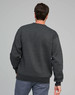 A grey crewneck fleece jumper with ribbed cuffs and hem, featuring a logo on the back.