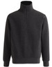 A dark grey 1/2 zip collar fleecy jumper featuring long sleeves and elastic cuffs. It has a logo on the chest.