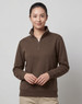 A brown 1/2 zip collar fleece jumper featuring a zip at the neckline and long sleeves. It has a logo on it.
