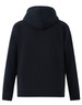 A men's full-zip fleecy hoodie in navy blue, featuring a hood and long sleeves, with a logo on the back.