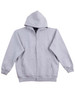 A grey full-zip fleecy hoodie with a hood and front pockets, featuring a logo on the chest.