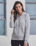 A grey full-zip fleecy hoodie featuring a hood and drawstrings, worn by a model. It includes a logo.