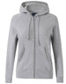 A ladies' full-zip fleecy hoodie in light grey, featuring a hood and front pockets, with a logo on the chest.