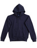 A navy full-zip fleecy hoodie featuring a hood and front pockets, with a logo on the fabric.
