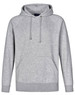A grey men's fleecy hoodie featuring a kangaroo pocket and a drawstring hood. It has a logo on the chest.