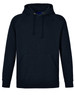 A black men's fleecy hoodie featuring a front pocket and a drawstring hood, with a logo.