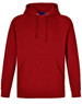 A red fleecy hoodie featuring a kangaroo pocket and a drawstring hood, with a logo present.