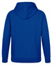 A blue men's fleecy hoodie featuring a hood and a sleek back design. It includes a logo.