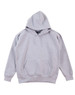 A grey kids' fleece hoodie featuring a front pocket and a hood, with raglan sleeves. It has a logo on it.