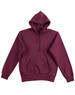 A burgundy ladies' fleecy hoodie with a front pocket and a hood, featuring a logo.