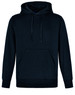 A black adult hoodie with a front pocket and adjustable drawstring hood, featuring a logo.